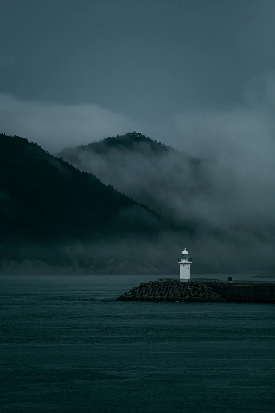 A small white lighthouse at the end of a rock breakwater, with a forested headland rising into low fog behind it across dark, calm water.